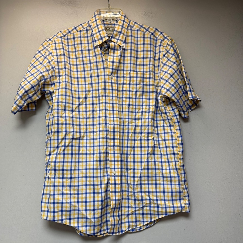 LL Bean Button Down Men M Yellow Blue Excellent Tattersall Check S/S 0AUV3